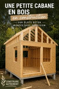 Cabane en bois sous construction sur pilotis, offrant une vue sur un jardin verdoyant