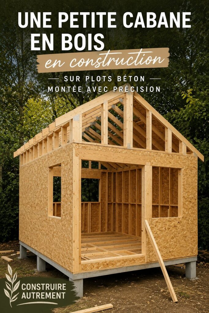 Cabane en bois sous construction sur pilotis, offrant une vue sur un jardin verdoyant