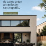 Un extérieur de maison minimaliste et serein, avec une décoration simple et apaisante.