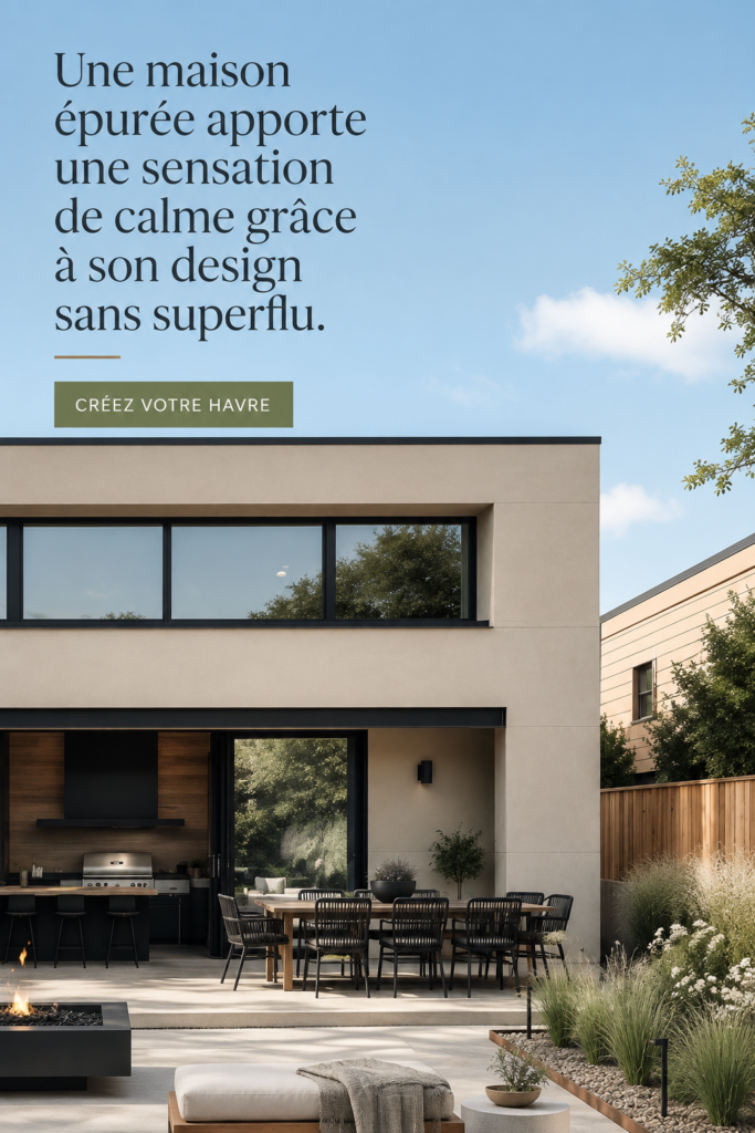 Un extérieur de maison minimaliste et serein, avec une décoration simple et apaisante.