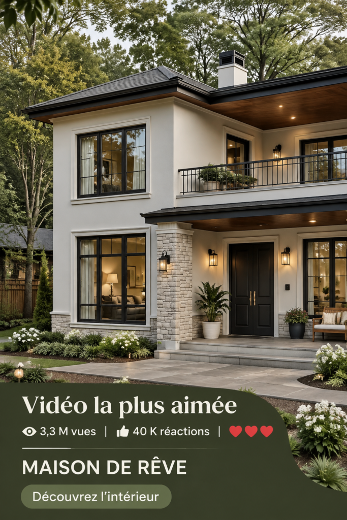 Une belle maison avec un style architectural chaleureux et accueillant.