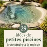 Une petite piscine en bois entourée de verdure près d'une maison moderne.