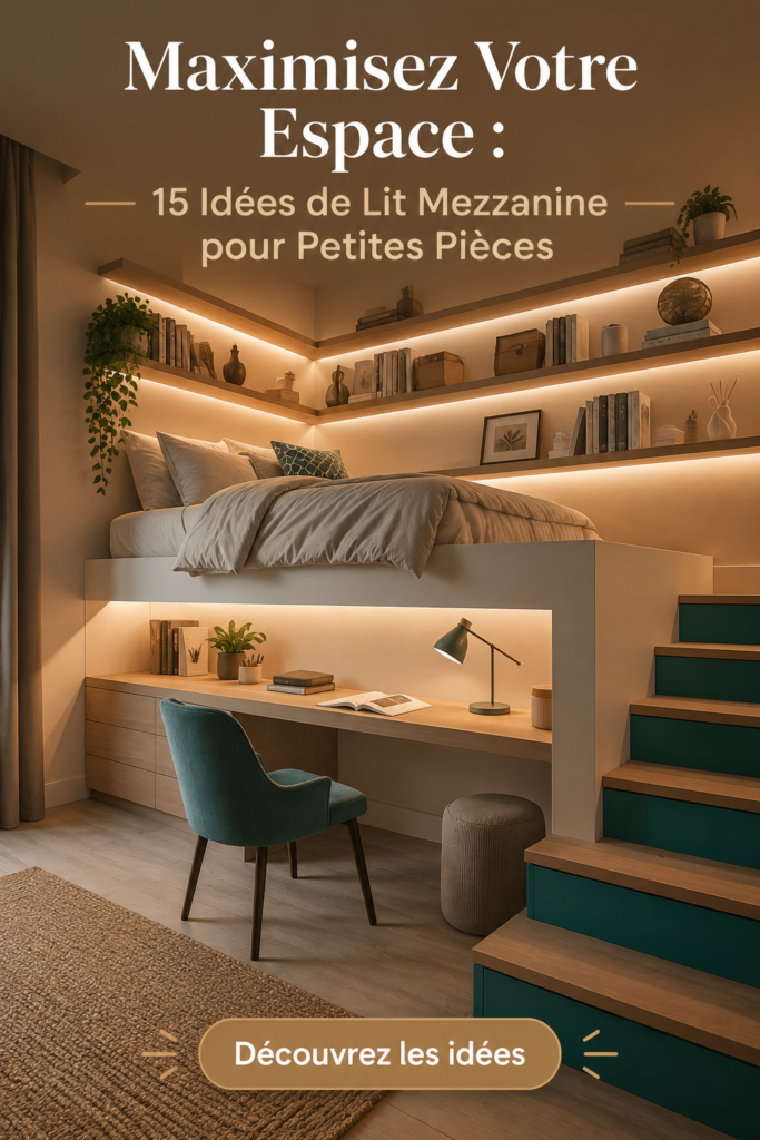Lit en hauteur moderne dans une petite chambre avec une décoration chaleureuse.