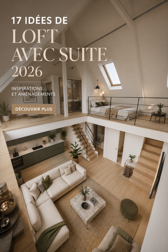 Un loft moderne avec une salle de bains intégrée, bien décoré et fonctionnel.