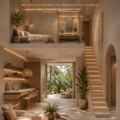 Loft tropical minimaliste avec une décoration chaleureuse et naturelle.