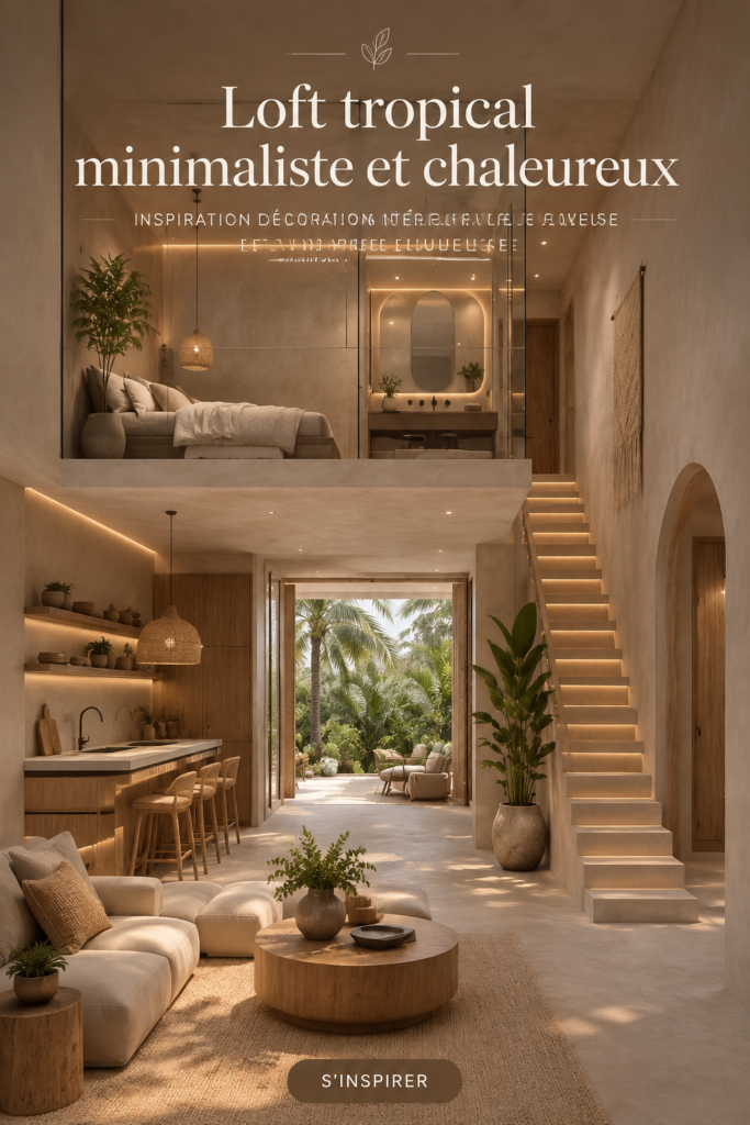Loft tropical minimaliste avec une décoration chaleureuse et naturelle.