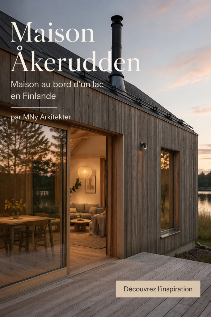 Vue de la maison Åkerudden au bord d'un lac en Finlande, mettant en avant son architecture moderne et intégrée à la nature.