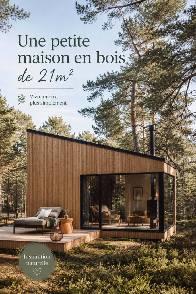 Maison en bois de 21m2 entourée de forêt, illustrant un espace de vie naturel et chaleureux.