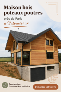 Maison en bois moderne en Valpuiseaux, près de Paris, entourée d'arbres.