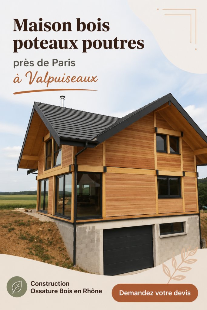 Maison en bois moderne en Valpuiseaux, près de Paris, entourée d'arbres.