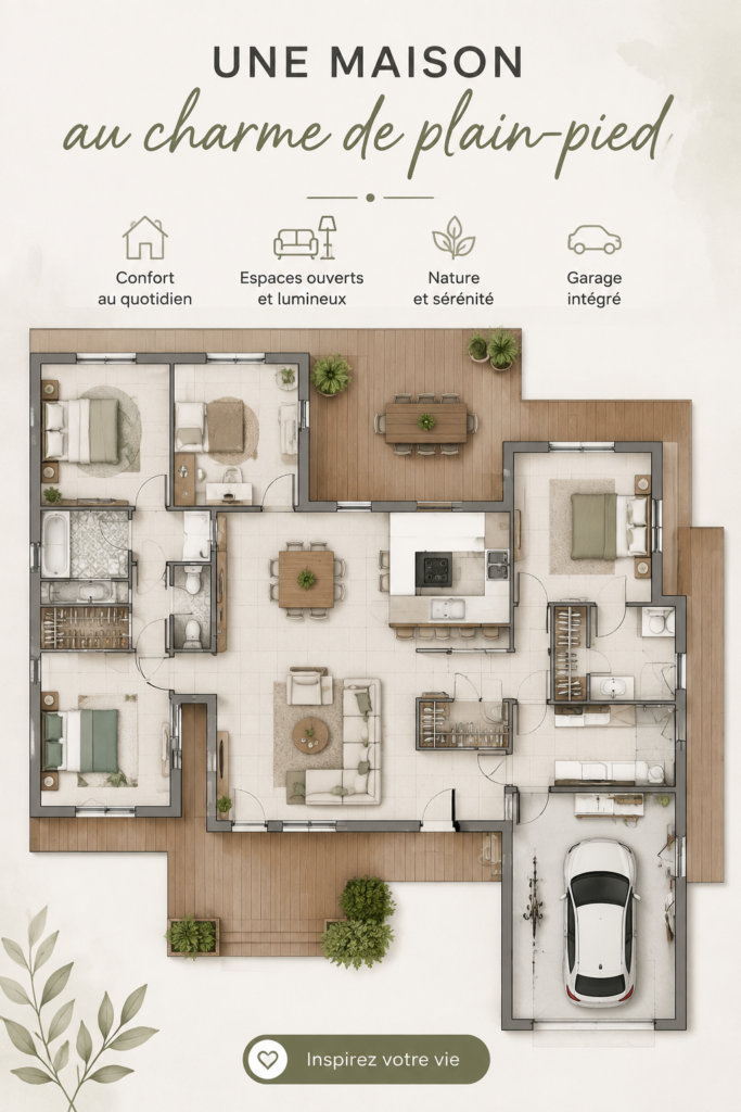 Maison de plain-pied moderne avec un jardin verdoyant