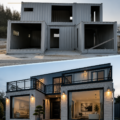 Vue extérieure d'une maison container luxueuse en Corée du Sud, intégrée à la nature.