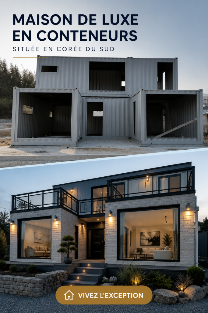 Vue extérieure d'une maison container luxueuse en Corée du Sud, intégrée à la nature.