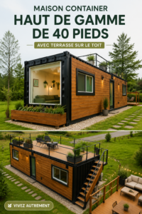 Maison container de luxe avec un design moderne et une terrasse sur le toit, entourée de verdure.