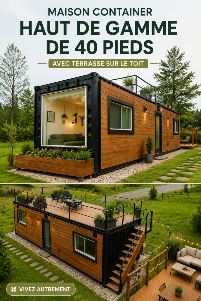 Maison container de luxe avec un design moderne et une terrasse sur le toit, entourée de verdure.