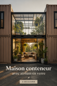 Maison en conteneur moderne avec atrium en verre et jardin luxuriant.
