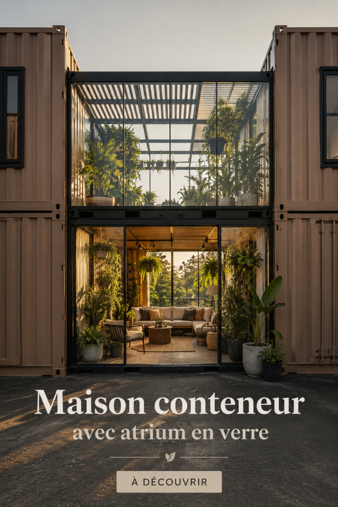 Maison en conteneur moderne avec atrium en verre et jardin luxuriant.