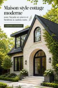 Maison cottage moderne avec façade en pierre et fenêtres noires, offrant un style chaleureux et accueillant.