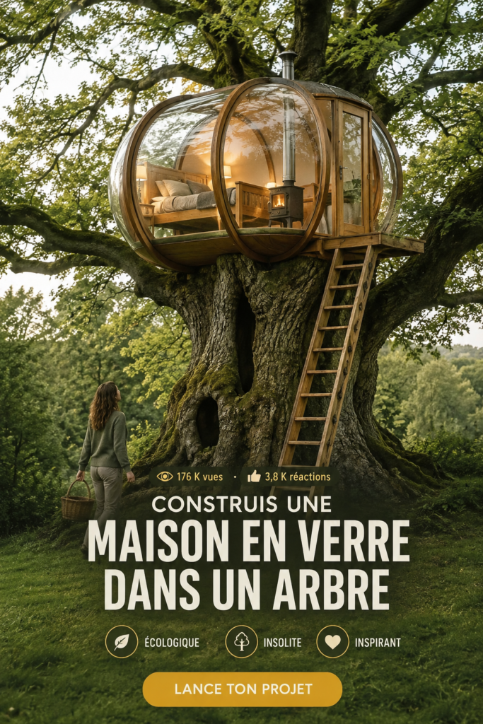Maison en verre perchée dans un arbre, offrant une vue sur la nature environnante.