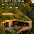 Maison organique souterraine intégrée dans la forêt, mettant en valeur l'harmonie avec la nature.