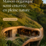 Maison organique souterraine intégrée dans la forêt, mettant en valeur l'harmonie avec la nature.