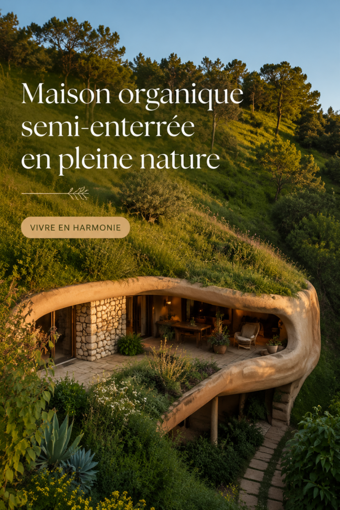 Maison organique souterraine intégrée dans la forêt, mettant en valeur l'harmonie avec la nature.