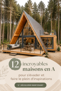 Une maison en A intégrée dans un paysage verdoyant, montrant son design unique et moderne.