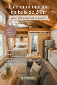 Vue extérieure d'une mini maison en bois de 26m2 entourée de verdure.