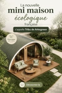 Visuel de la mini maison écologique Tribu d'Arkegreen intégrée dans un environnement naturel.
