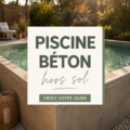 Piscine en béton hors sol dans un jardin ensoleillé, entourée de verdure.