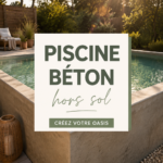 Piscine en béton hors sol dans un jardin ensoleillé, entourée de verdure.