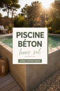 Piscine en béton hors sol dans un jardin ensoleillé, entourée de verdure.