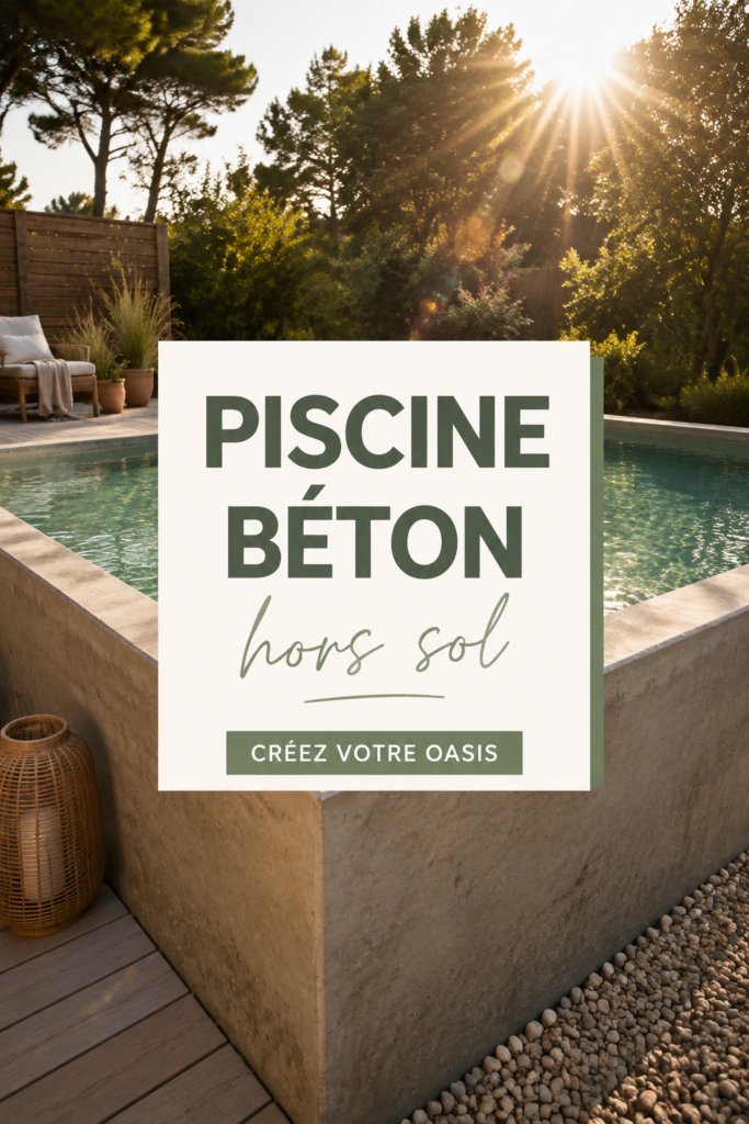Piscine en béton hors sol dans un jardin ensoleillé, entourée de verdure.