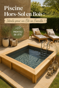 Piscine hors-sol en bois entourée de chaises longues dans un jardin ensoleillé.