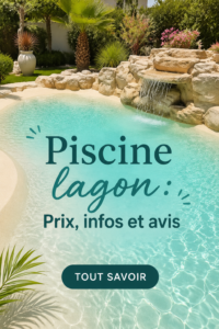 Une belle piscine lagon entourée de verdure et de parquet en bois, idéale pour la détente.