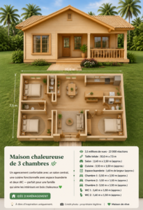 Plan d'une maison chaleureuse avec trois chambres et un salon convivial.