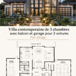Plan d'une maison contemporaine avec balcon généreux et garage pour trois voitures.