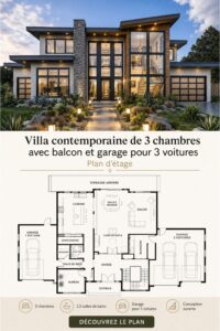 Plan d'une maison contemporaine avec balcon généreux et garage pour trois voitures.