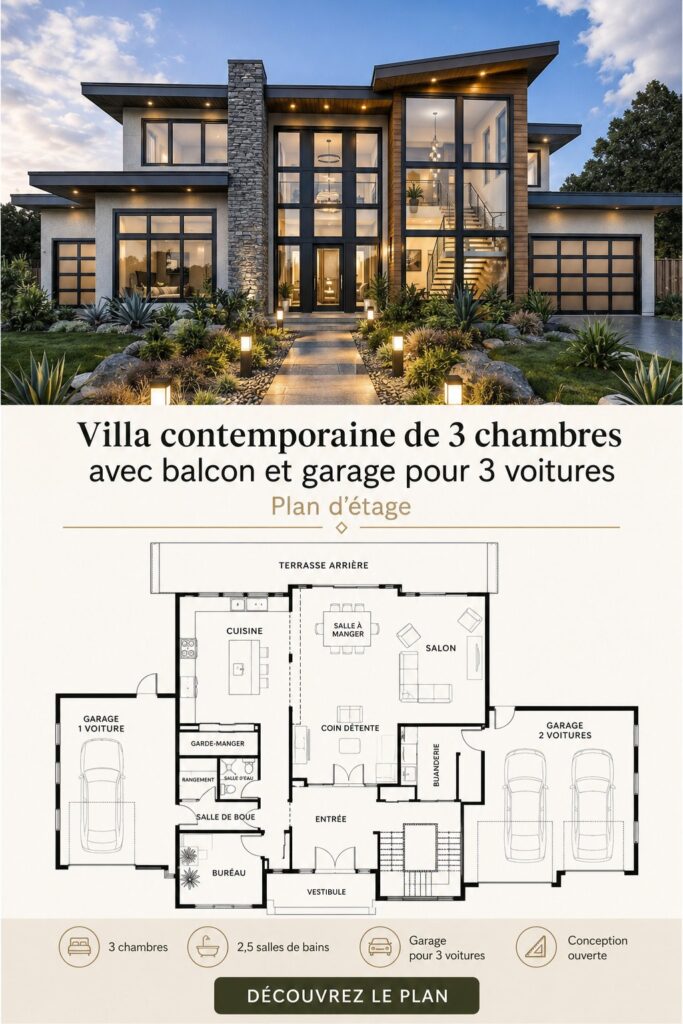 Plan d'une maison contemporaine avec balcon généreux et garage pour trois voitures.