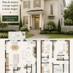 Plan de maison à deux étages inspiré du style cottage anglais, élégant et accueillant.