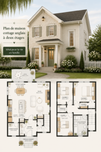 Plan de maison à deux étages inspiré du style cottage anglais, élégant et accueillant.