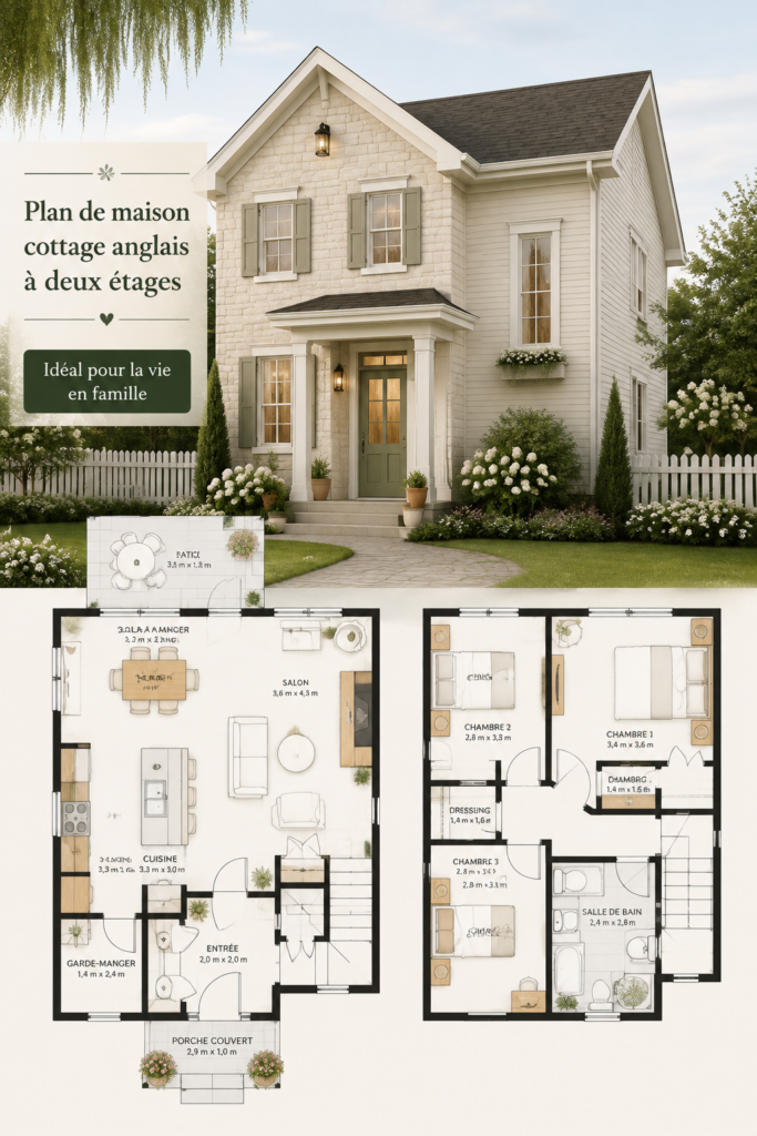 Plan de maison à deux étages inspiré du style cottage anglais, élégant et accueillant.