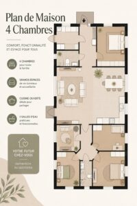 Plan de maison moderne avec quatre chambres spacieuses et lumineuses