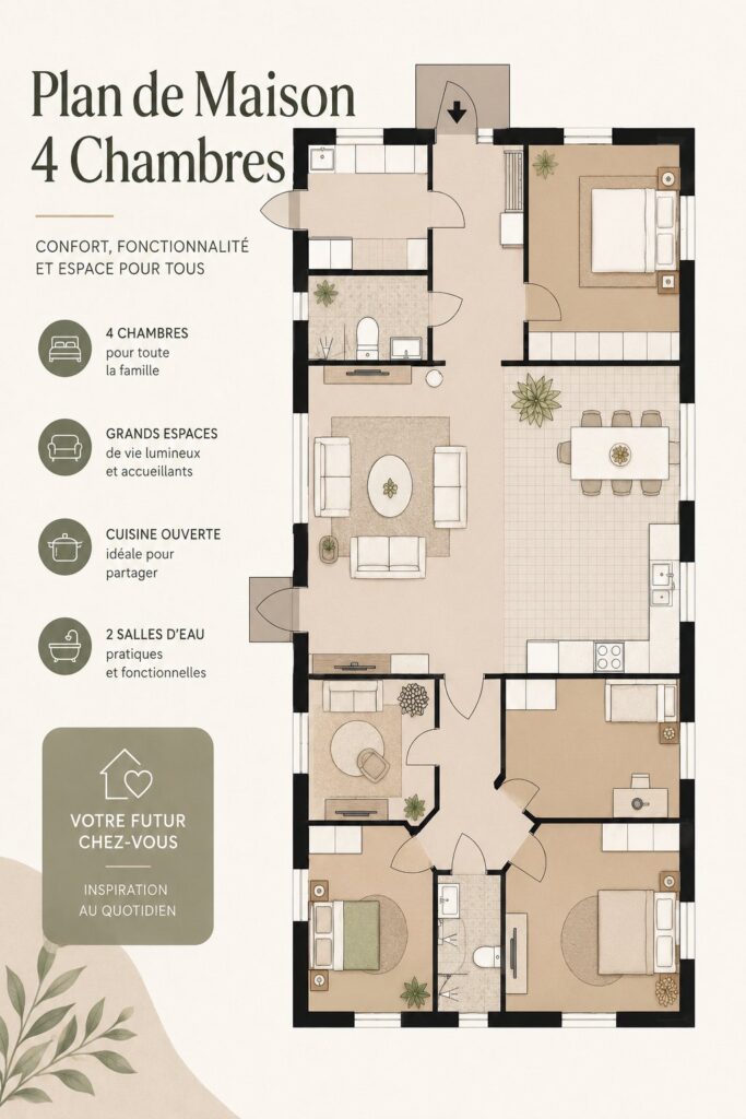 Plan de maison moderne avec quatre chambres spacieuses et lumineuses