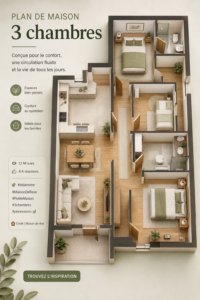 Plan moderne d'une maison de 3 chambres, conçu pour le confort et l'efficacité