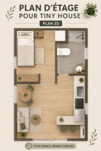 Plan 2D d'une tiny house avec des espaces optimisés pour le confort