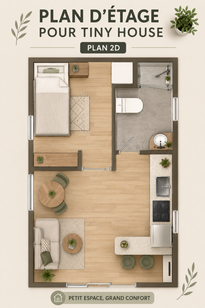 Plan 2D d'une tiny house avec des espaces optimisés pour le confort