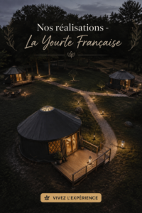 Exemple d'une yourte française intégrée dans la nature, illustrant le design écologique et chaleureux.