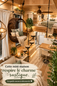 Vue extérieure d'une tiny house rustique avec un jardin fleuri