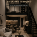 Intérieur d'une tiny house moderne avec espace de vie et chambre en mezzanine
